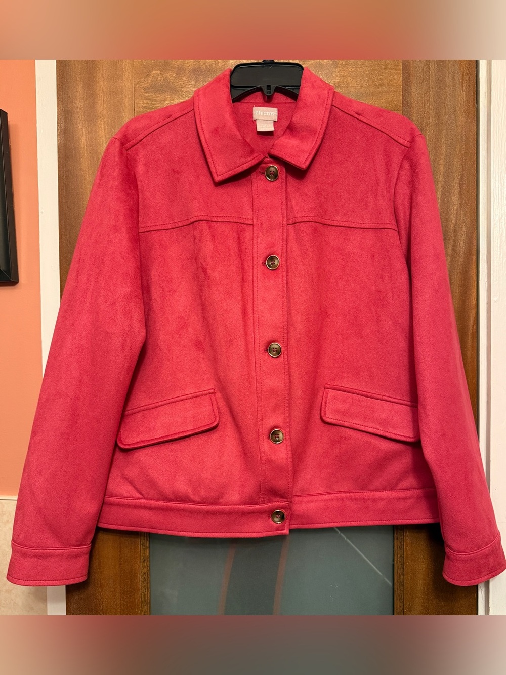 Chico's Burnt Orange Faux Suede Button Up Utility Jacket Coat Shacket Size 2